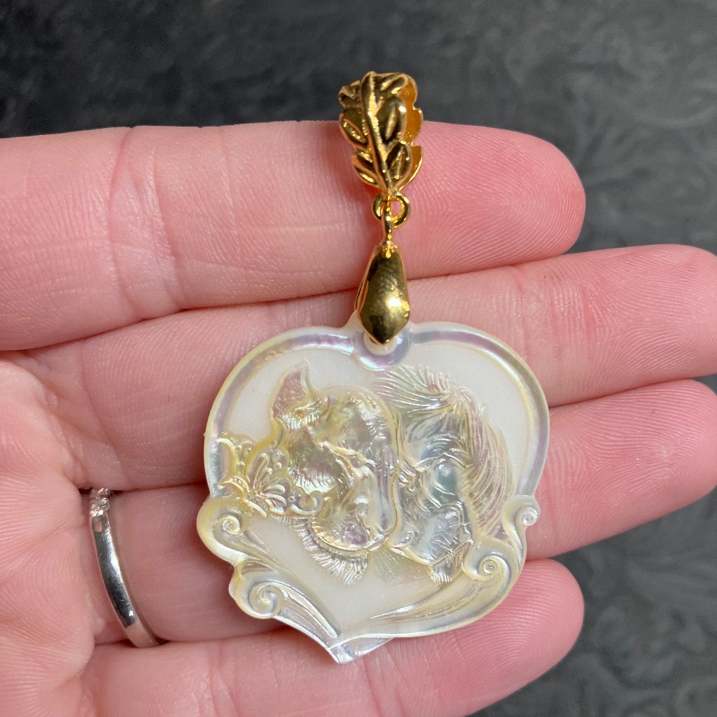 Lion Couple Carved Mother Of Pearl White Jade Pendant